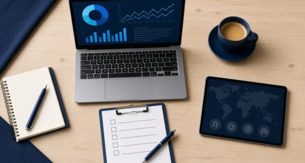 Top-down view of a laptop with business dashboards, a checklist clipboard, notebook and coffee