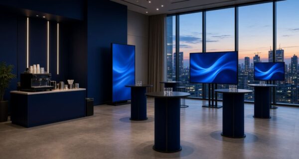 Modern conference networking space with high tables, a coffee bar and city skyline views at dusk