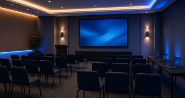 Empty modern workshop room with rows of chairs facing a large blue presentation screen