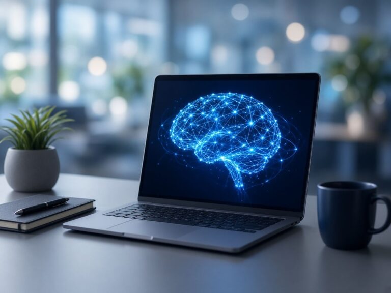 Laptop on an office desk displaying a glowing blue AI network brain
