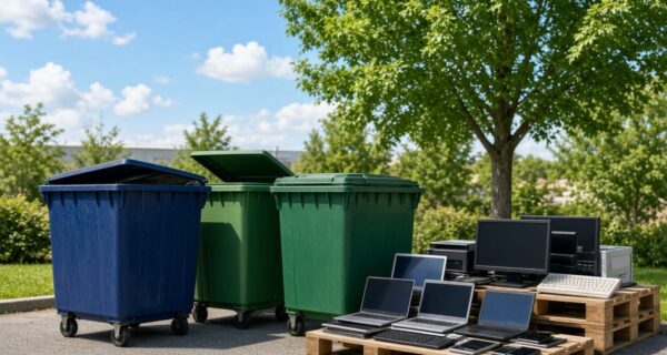 Recycling bins and pallets of old laptops, monitors and keyboards at an outdoor electronics drop-off