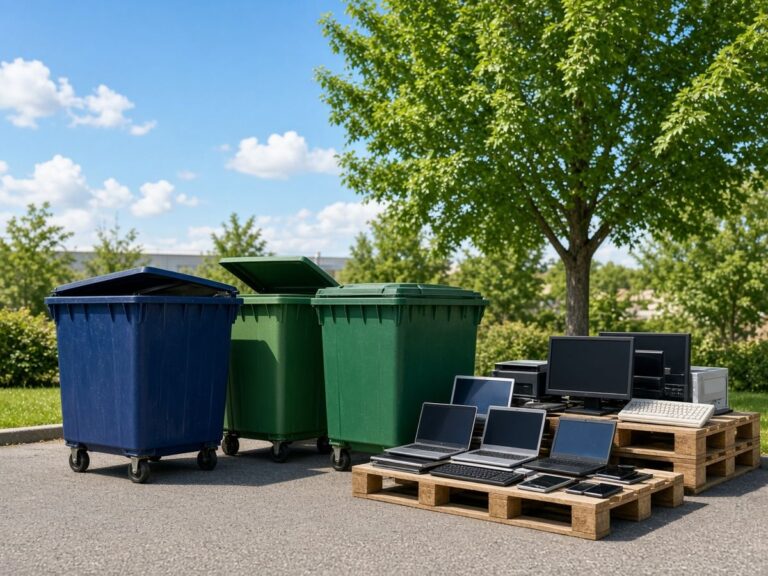 Recycling bins and pallets of old laptops, monitors and keyboards at an outdoor electronics drop-off