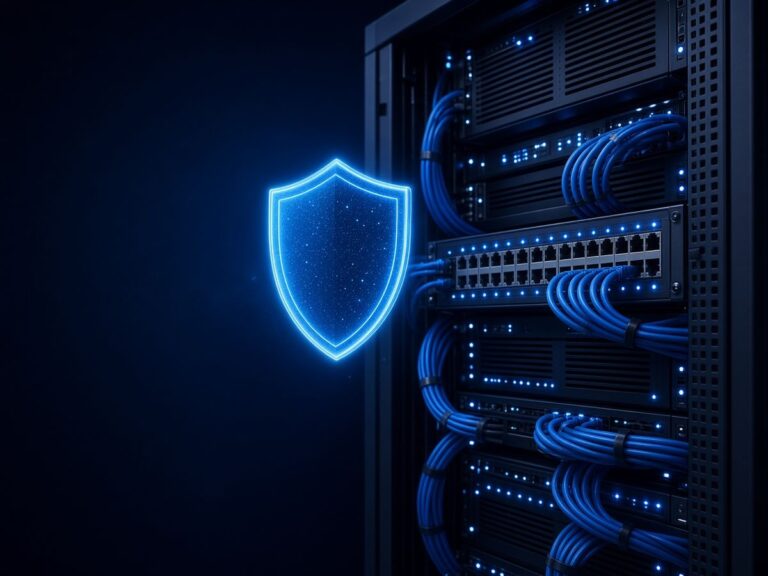 Server rack with neatly organized blue network cables beside a glowing security shield