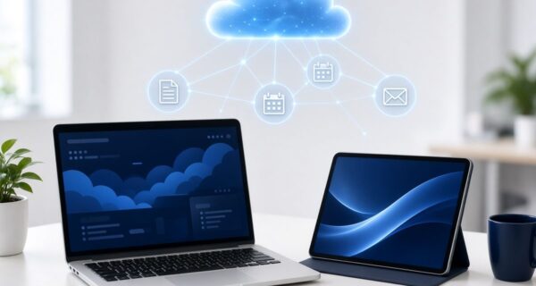 Laptop and tablet on a desk beneath a glowing cloud connected to document, calendar and email icons