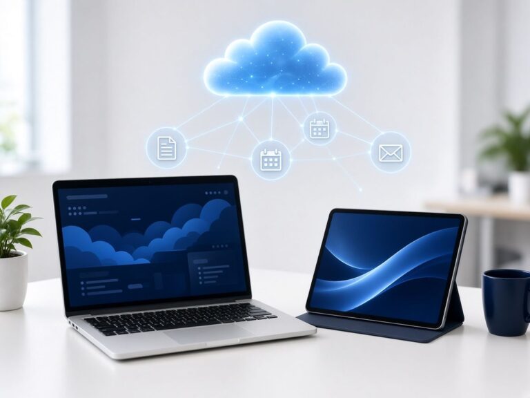 Laptop and tablet on a desk beneath a glowing cloud connected to document, calendar and email icons