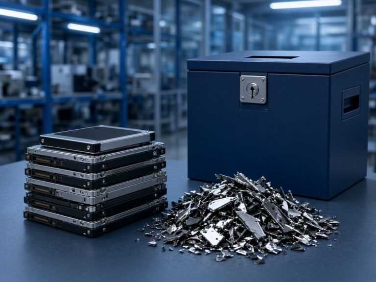 Stack of hard drives next to shredded drive fragments and a locked secure collection bin